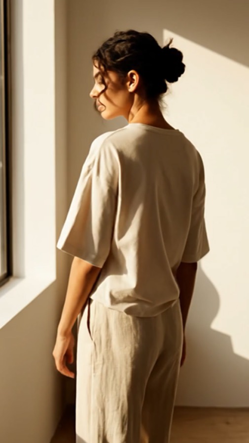 Una persona con la camiseta oversize sin estampar, girando lentamente